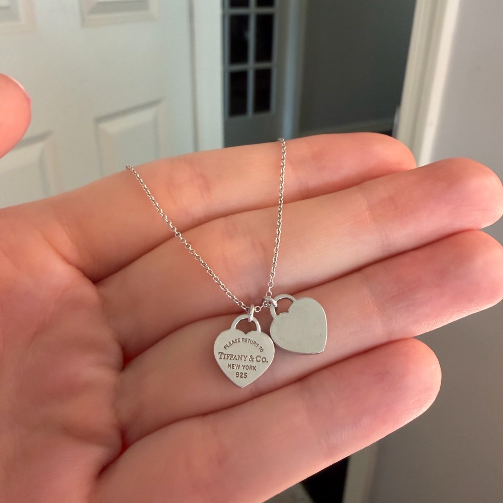 Tiffany & Co Mini Double Heart Tag Pendant Necklace Sterling Silver 925